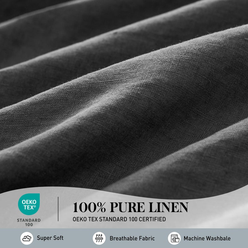 Simple&Opulence 100% Pure Linen Sheet Set Full Size, Natural French Flax Solid Color 4 Pcs Washed Breathable, Farmhouse Bedding (1 Flat Sheet,1 Fitted Sheet,2 Pillowcases)-Embroidery Dark Grey - Image 3